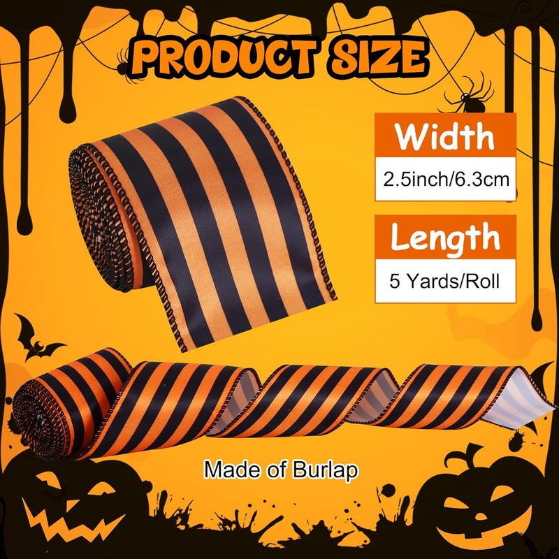 TONIFUL 2.5 Inch x 5 Yards Satin Wired Ribbon, Orange and Black Stripe Halloween Ribbon for Gift Wrapping, Crafts, Bows Making, Gift Baskets, Front Door Wreath Decor Christmas Party Decoration - Image 3